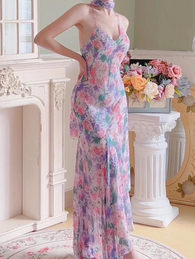 Purple Vintage Mermaid Spaghetti Strap Beaded Print Floral Chiffon Party Dress Prom Dress SH4115