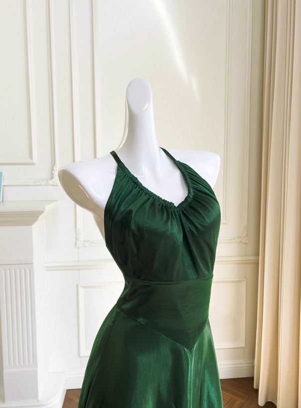 Stunning Green A Line Halter Satin Prom Dress Vacation Dress Wedding Guest Dress SH4504