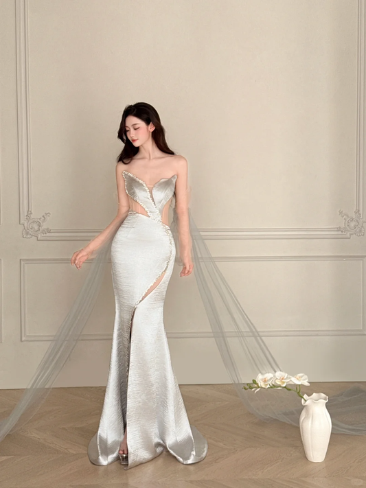 Gorgeous Mermaid Strapless Beaded Silver Satin Tulle Long Evening Dress Ball Gown SH3490