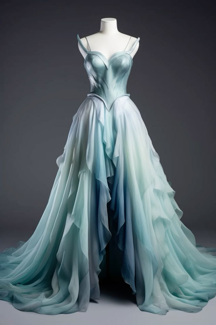 Blue Ombre A Line Spaghetti Strap Ruffle Chiffon Prom Dress Evening Dress with Slit SH2423