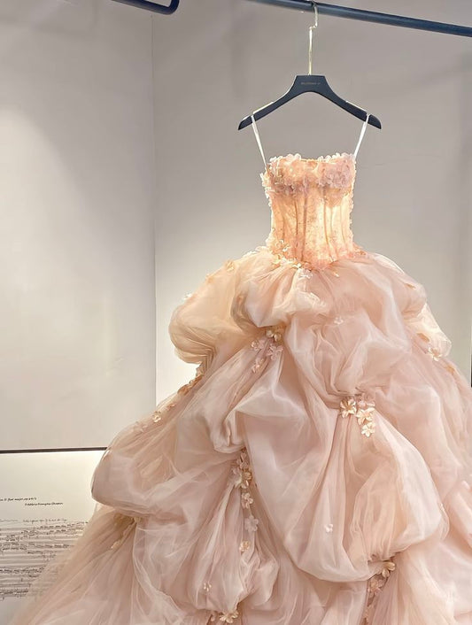 Pink Romantic A Line Strapless Appliques Layered Tulle Prom Dress Party Dress SH3298