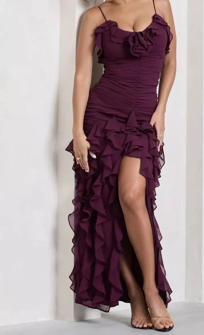 Burgundy Brick Sheath Spaghetti Straps Layered Chiffon Long Prom Dress Evening Dress with Slit SH3650