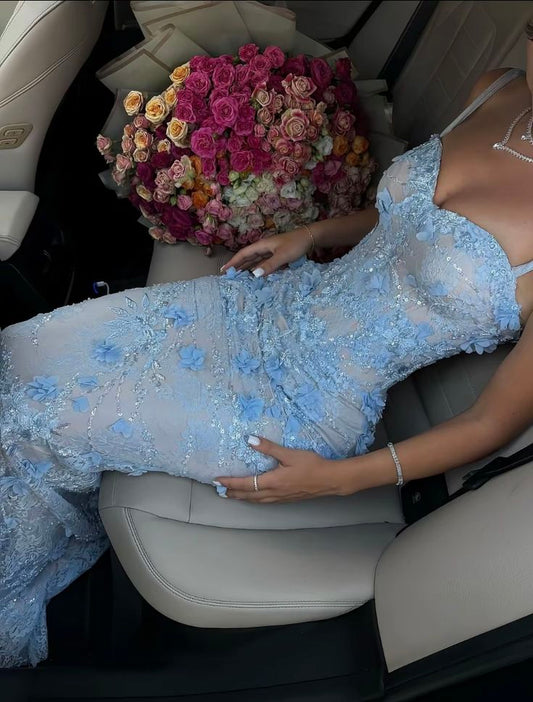 Baby Blue Sheath V Neck Beaded 3D Floral Lace Prom Dress Evening Dress SH4437