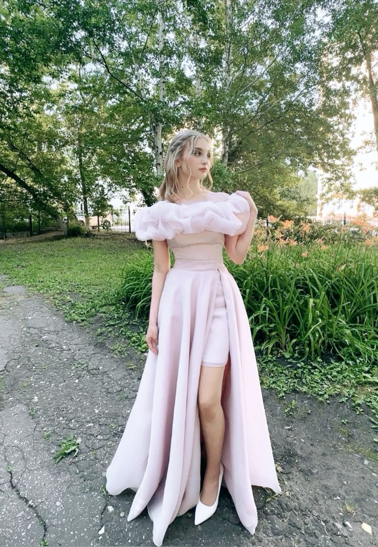Princess Blue A Line Off the Shoulder Organza Prom Dress 16th Birthday Dress Date Dress with Slit SH3991