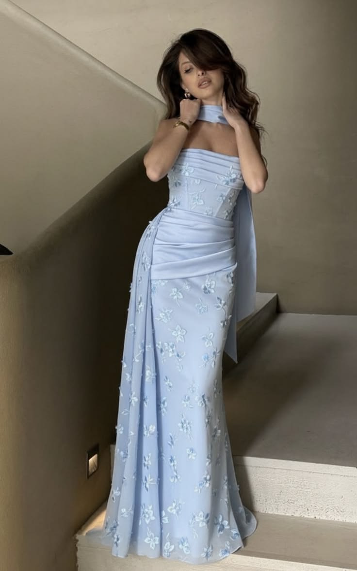 Baby Blue 3D Floral Sheath Strapless Satin Chiffon Long Prom Dress Evening Dress SH6942