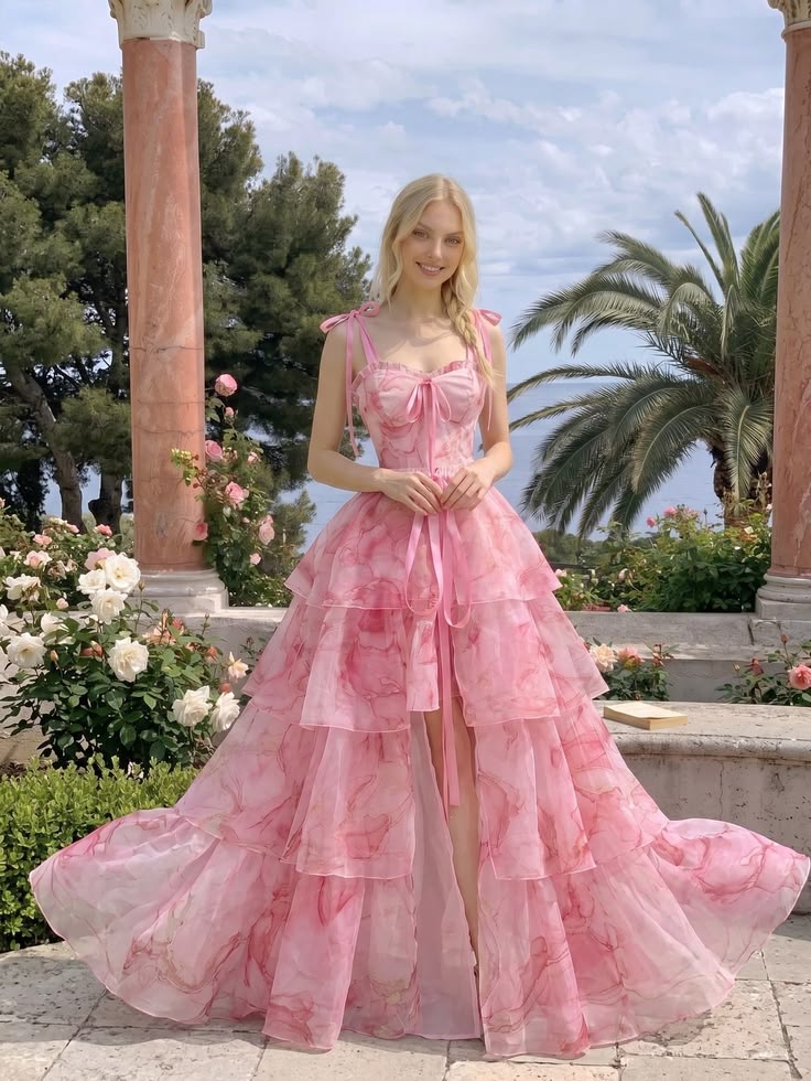 Sweety Pink A Line Spaghetti Straps Print Floral Chiffon Prom Dress Evening Dress SH7207