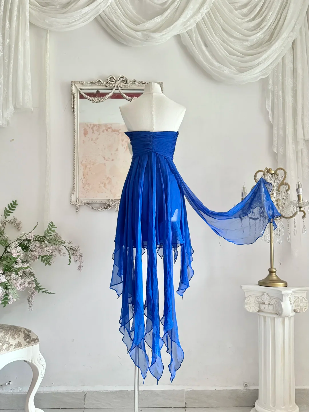 Vintage Blue A Line Sweetheart Neck Rhinestone Ruffle Chiffon Homecoming Dress Outfits SH4554