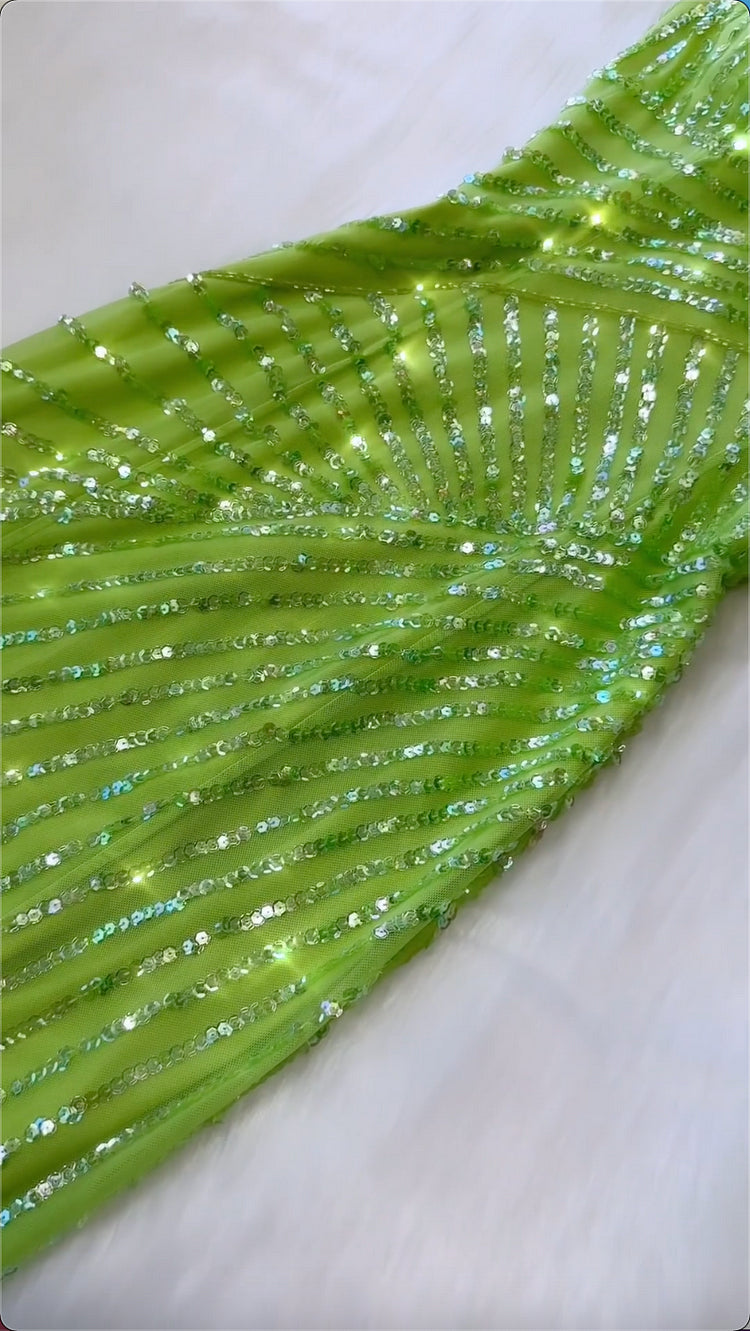 Stunning A Line Spaghetti Strap Sequin Green Tulle Long Prom Dress Evening Dress SH2272