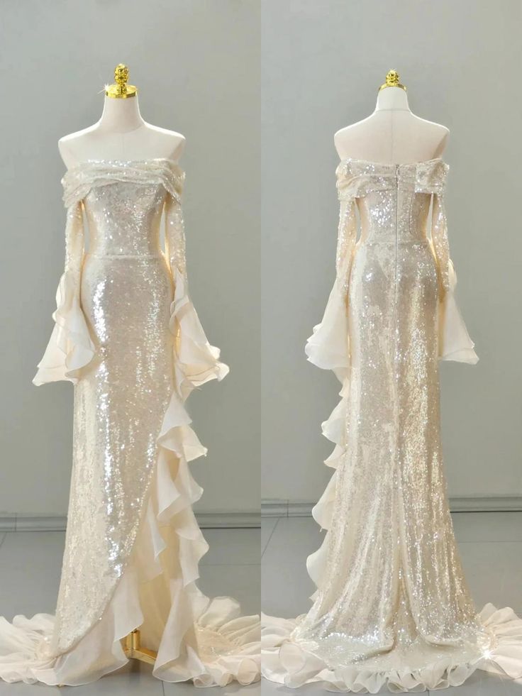 Elegant Sheath Long Sleeve Ivory Chiffon Ruffle Sequin Prom Dress Graduation Prom Dress SH2582