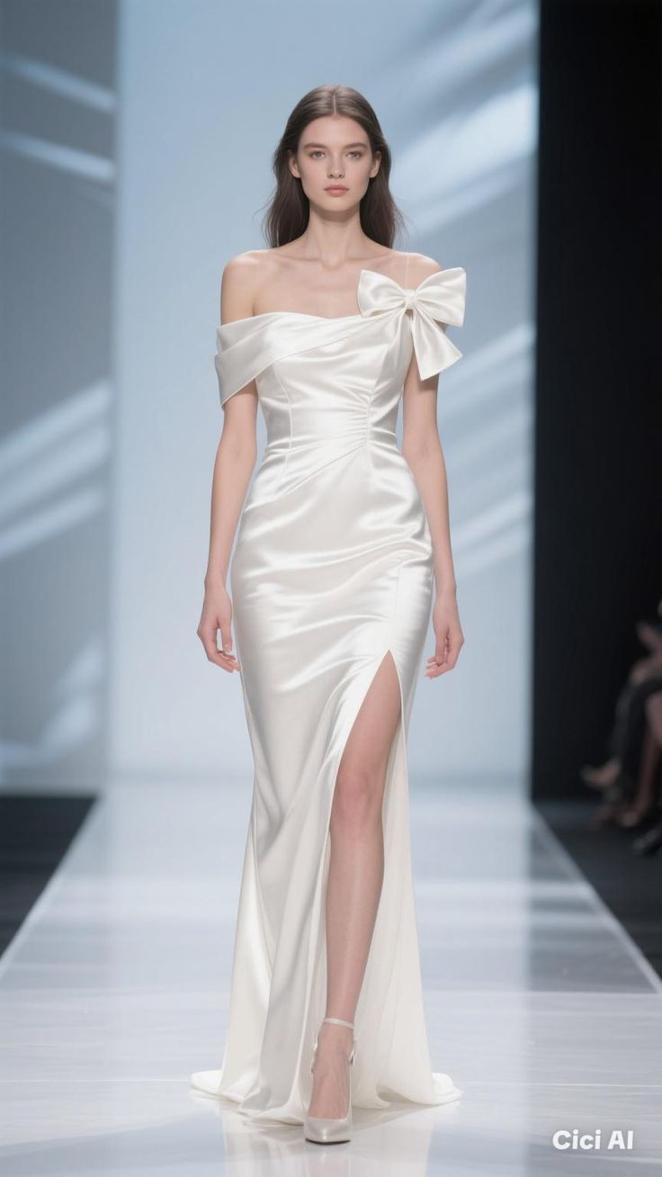 White Elegant Mermaid Off the Shoulder Satin Prom Dress Party Dress with Slit SH4101