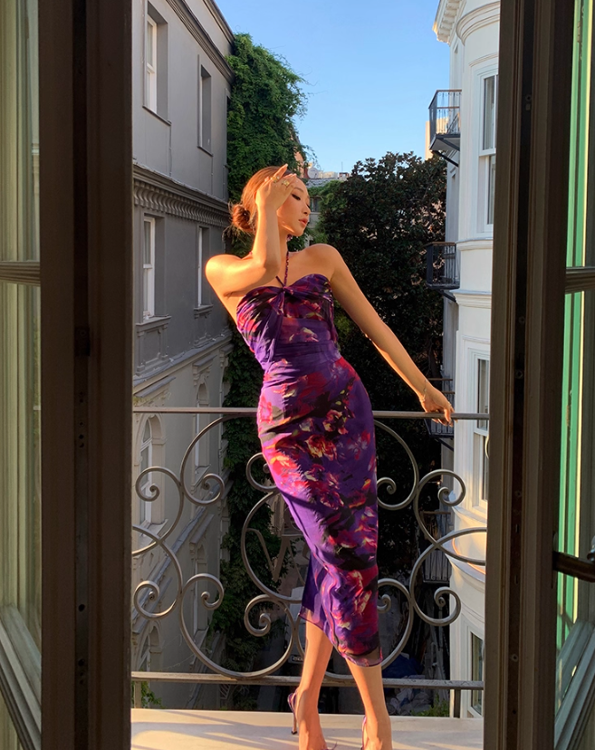 Sexy Purple Print Floral Sheath Halter Chiffon Long Prom Dress Party Dress SH4033