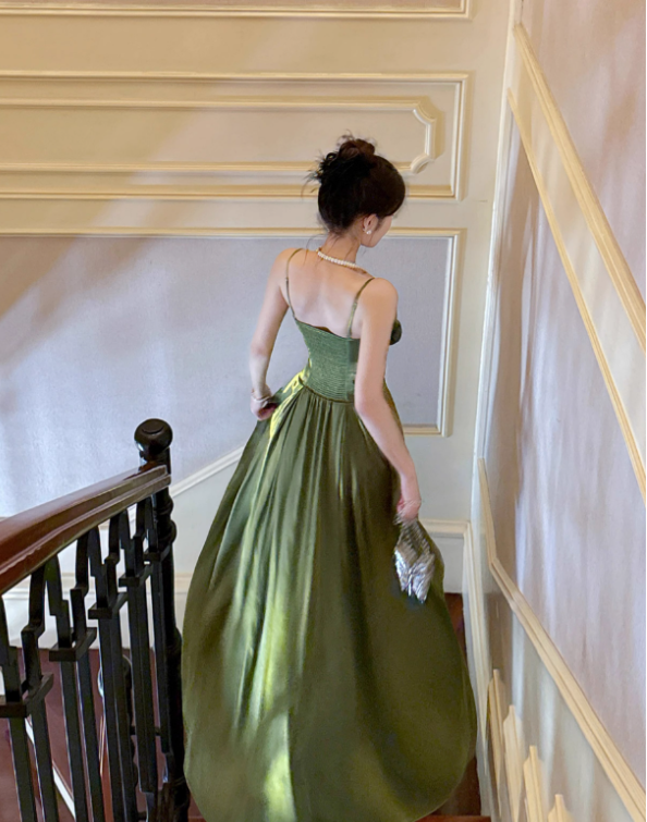 Green A Line Straps Floral Satin Prom Dress Evening Dress Formal Dress SH4086