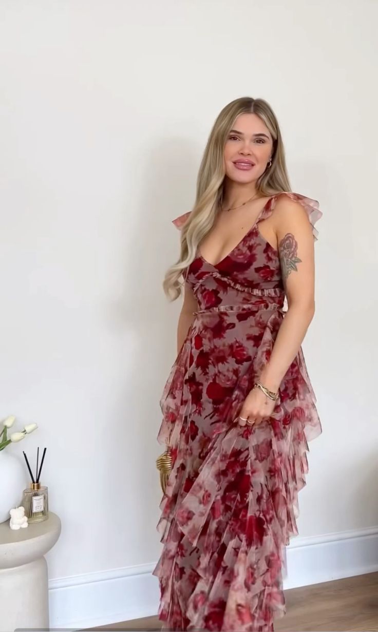 Vintage A Line Print Floral Irregular Ruffles Tulle Long Prom Dress Evening Party Dress SH4072
