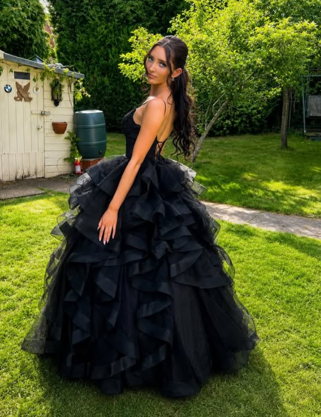 Black A Line Spaghetti Strap Lace Ruffle Tulle Prom Dress Birthday Dress SH9013