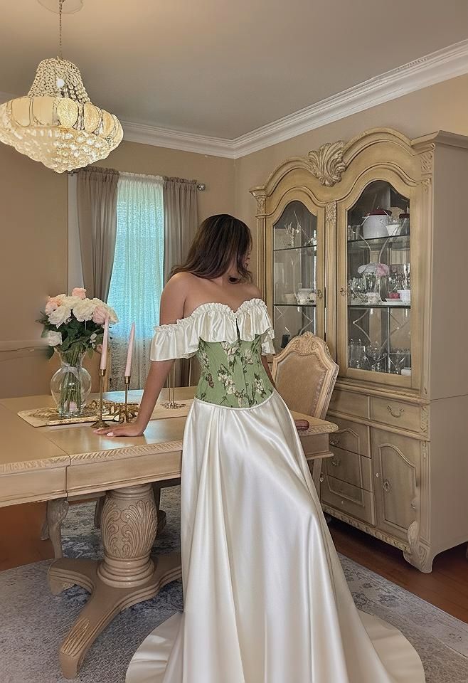 Vintage A Line Off the Shoulder Print Satin Long Prom Dress Date Dress SH7434