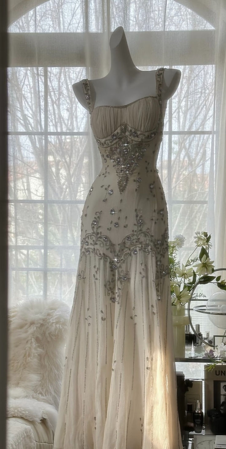 Ivory A Line Straps Beaded Chiffon Long Prom Dress Graduation Prom Dress SH2562