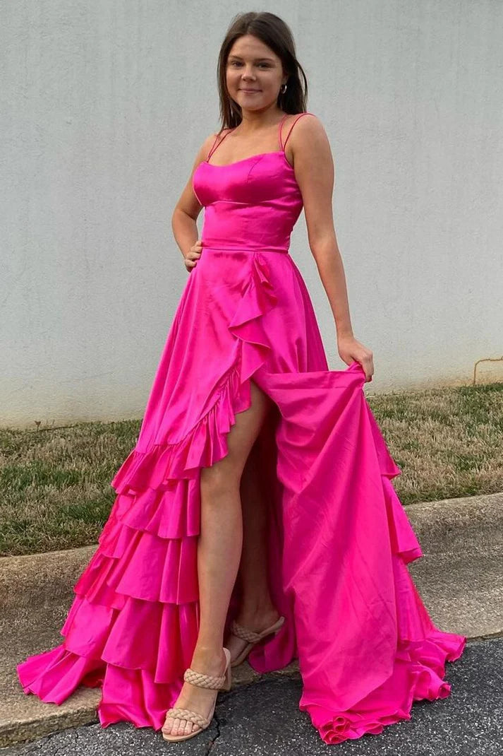 Hot Pink A Line Spaghetti Straps Layered Ruffle Satin Prom Dress Evening Dress with Slit SH6370