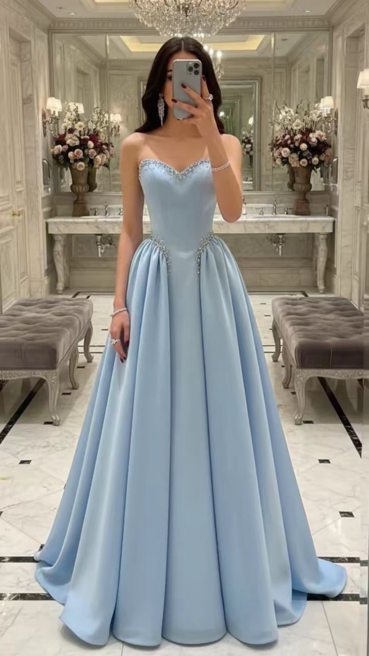 Blue A Line Sweetheart Neck Beaded Satin Long Prom Dress Evening Dress SH8841