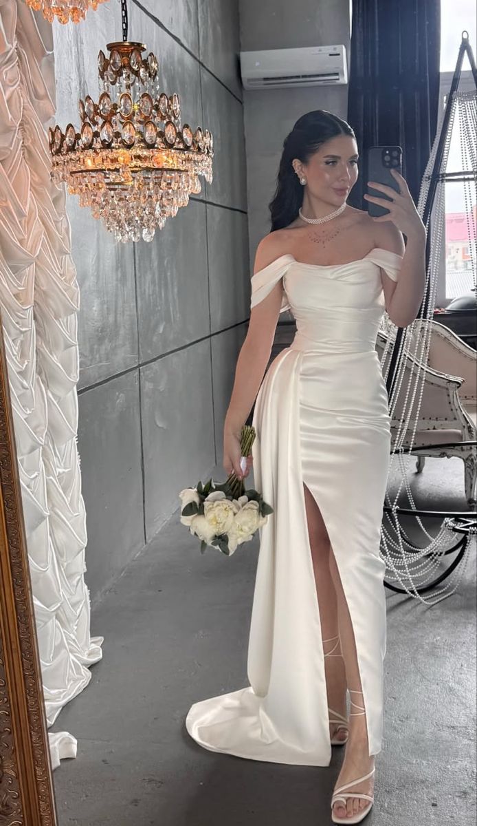Chic Sheath Off the Shoulder White Satin Long Wedding Dress with Slit SH8756