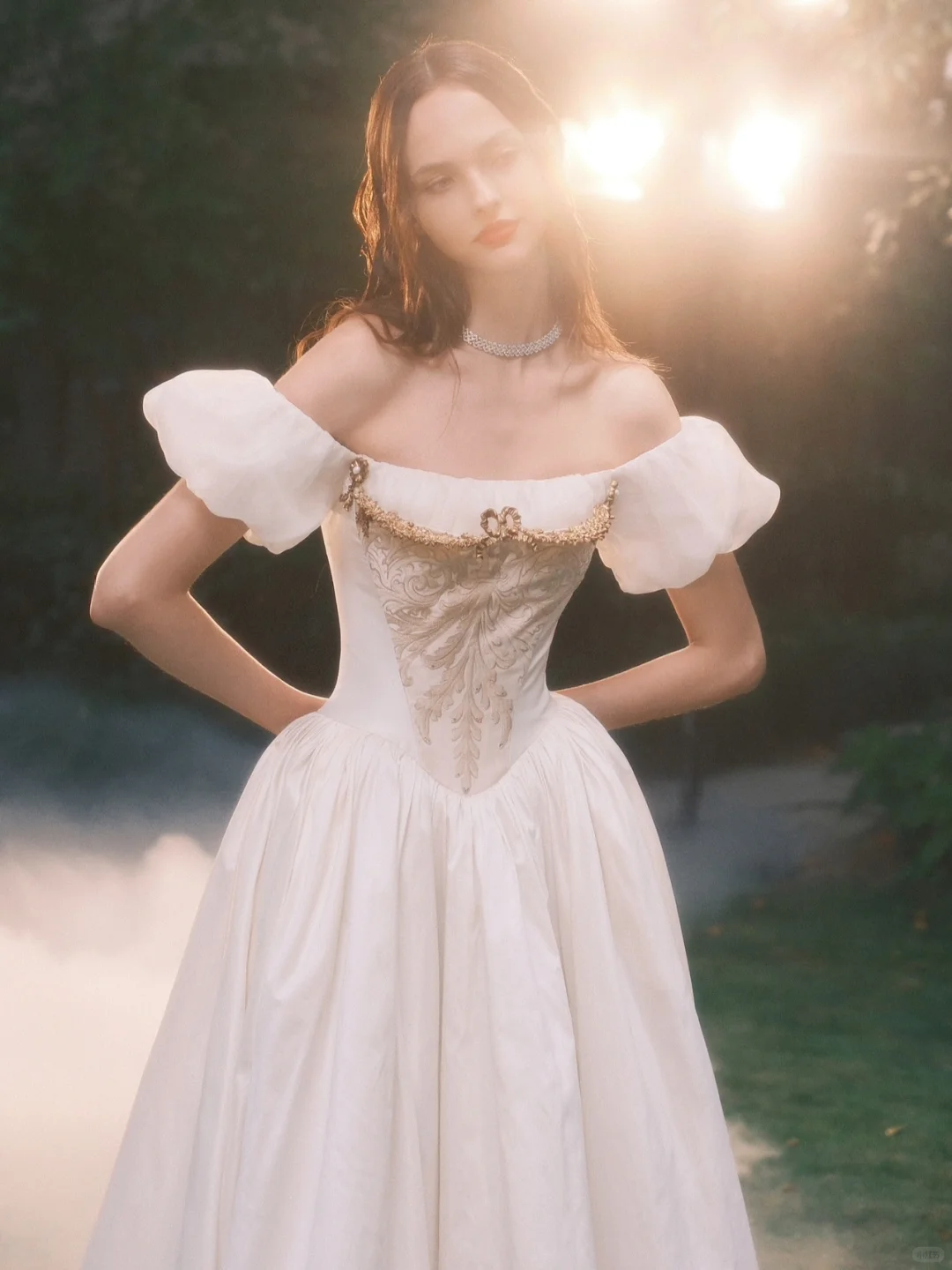 Princess A Line Puff White Appliques Satin Long Prom Dress Evening Dress SH3318