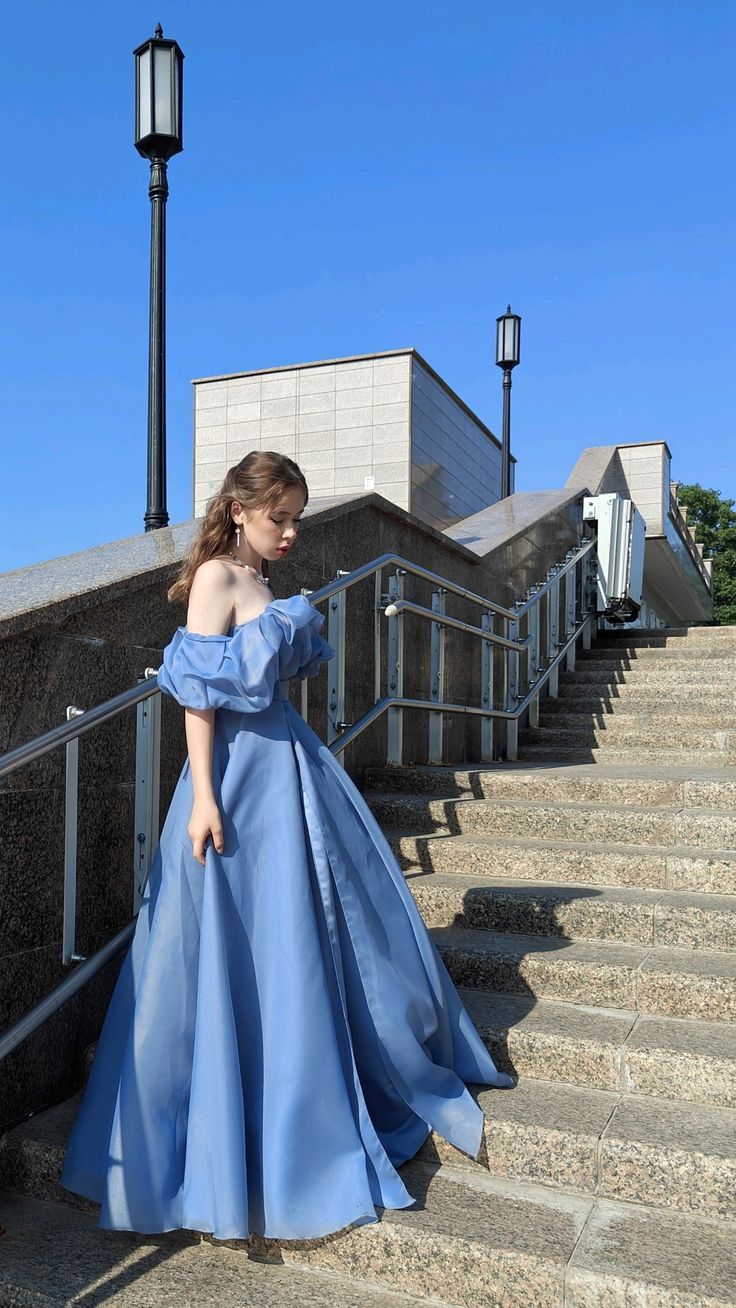 Princess Blue A Line Off the Shoulder Organza Prom Dress 16th Birthday Dress Date Dress with Slit SH3991