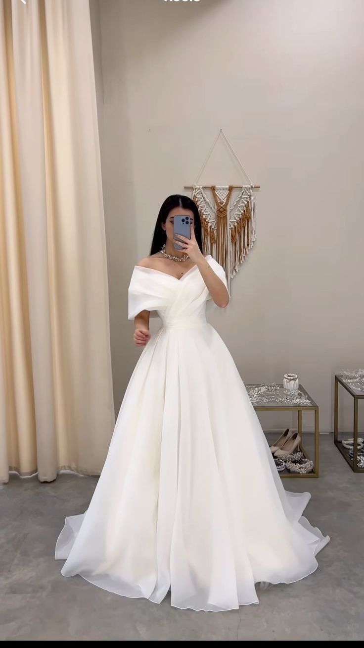 Gentle A Line Off the Shoulder White Tulle Long Wedding Dress SH8732