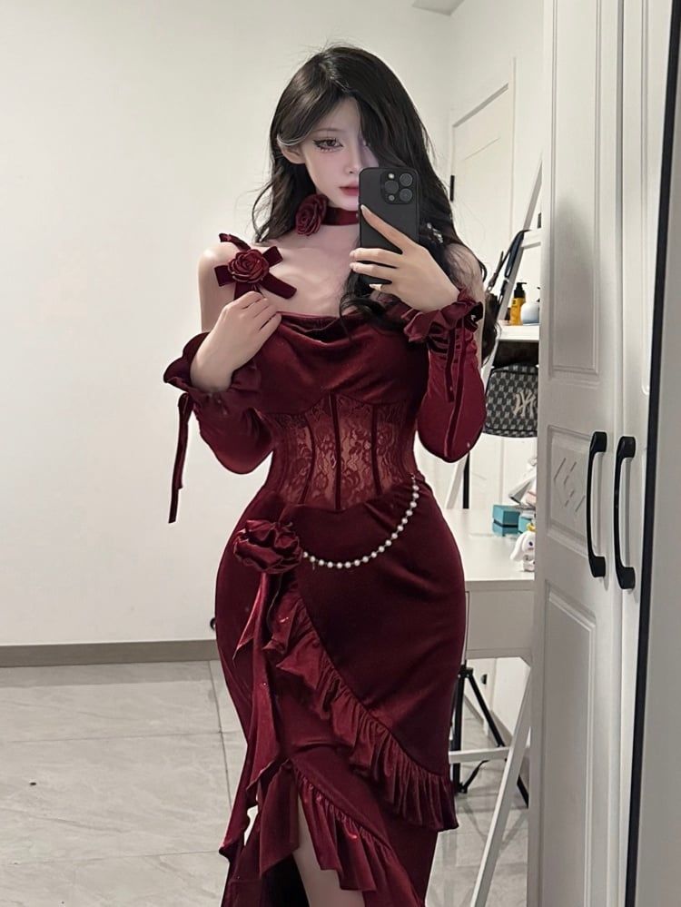 Burgundy Rose Mermaid Spagehtti Strap Lace Satin Prom Dress Party Dress SH5023