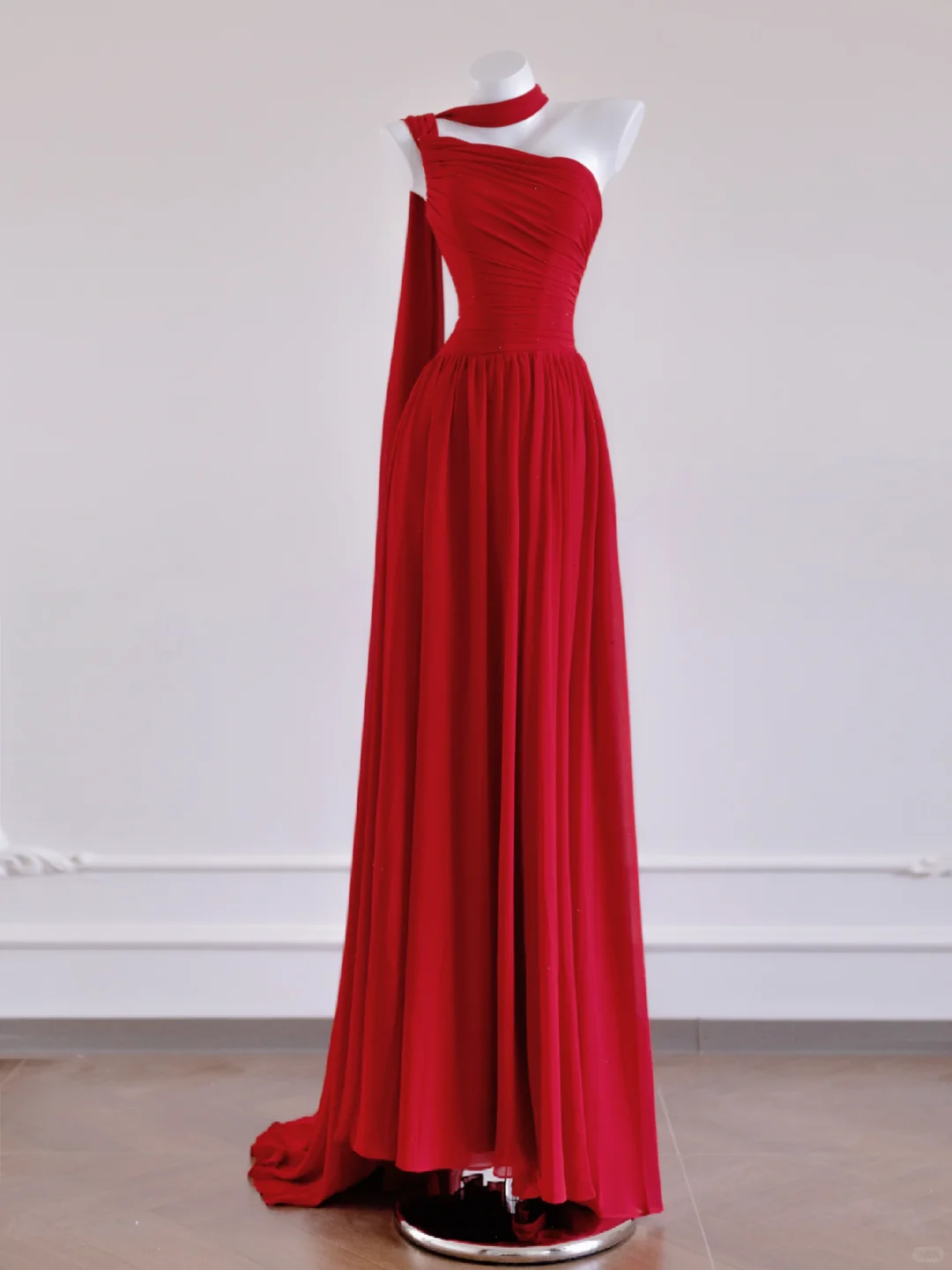Flowy Red A Line One Shoulder Chiffon Long Prom Dress Party Dress SH4364