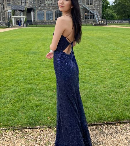 Navy Blue V Neck Long Sequin Evening Dress Prom Dress SH1105