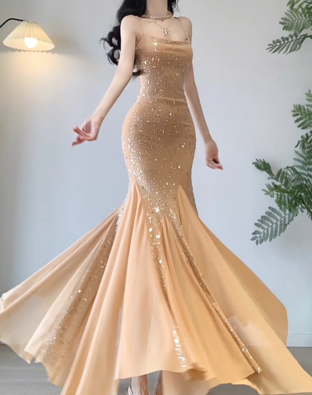 Purple Mermaid Spaghetti Strap Rhinestone Chiffon Prom Dress Vacation Dress Date Dress SH3986