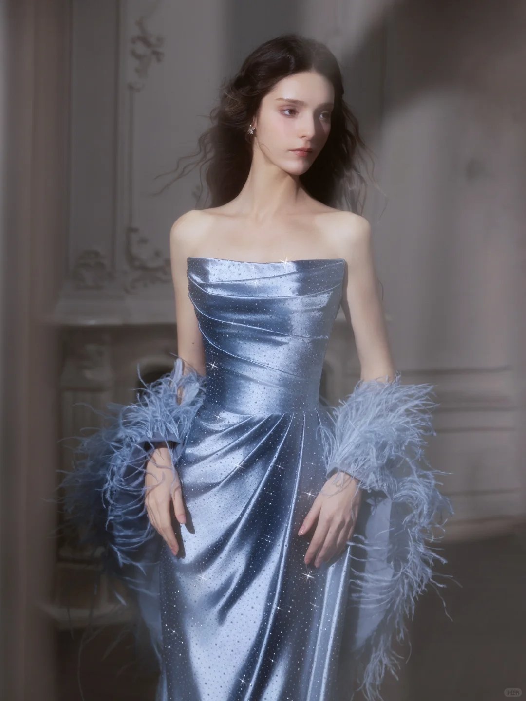 Blue Sheath Strapless Feather Rhinestone Satin Long Prom Dress 16th Birthday Dress SH4192