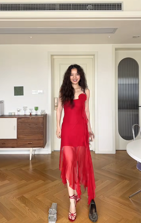 Flowy Red A Line Spaghetti Strap Chiffon Prom Dress Outfits with Slit SH4546