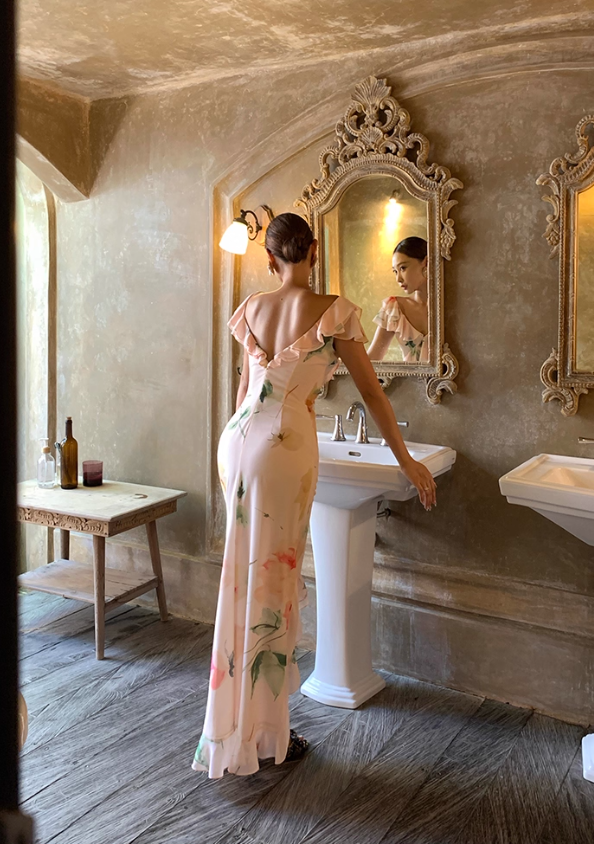 Light Pink Mermaid V Neck Print Floral Ruffle Chiffon Summer Dress Party Dress Outfits with Slit SH4174