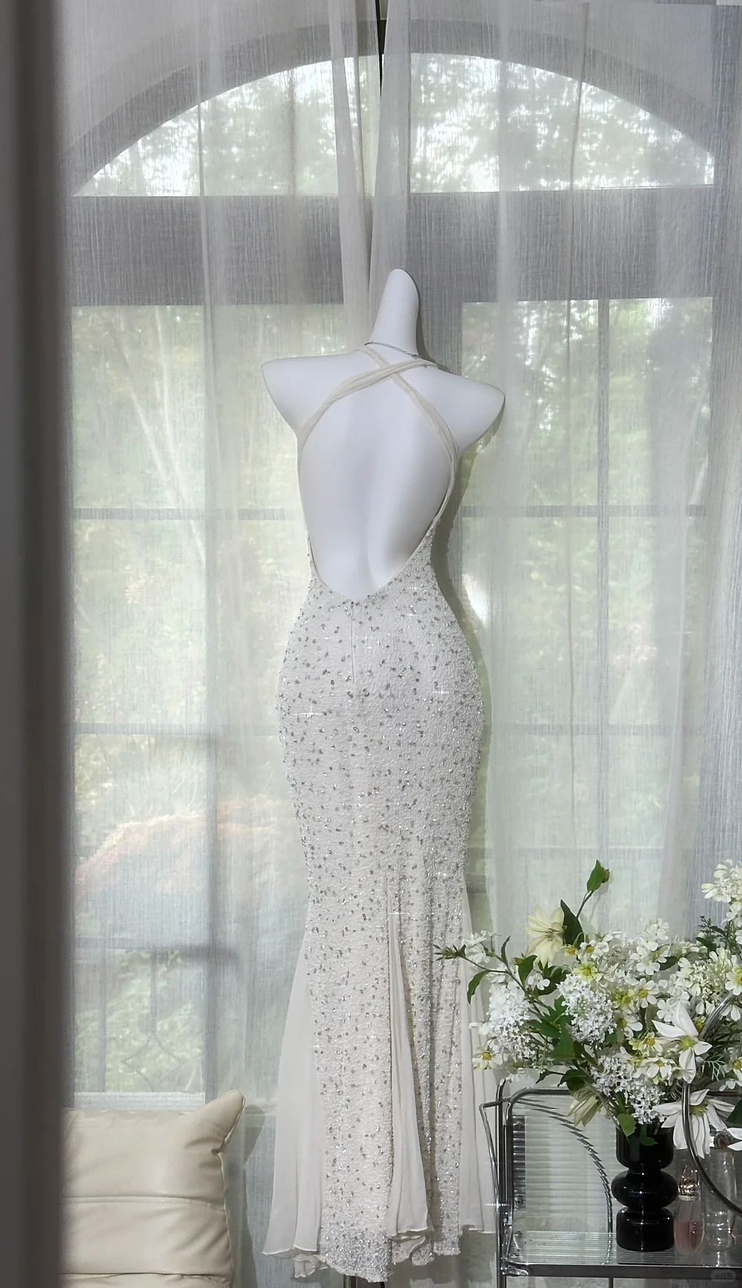 Vintage Mermaid Halter Beaded White Chiffon Prom Dress Wedding Guest Dress SH4555