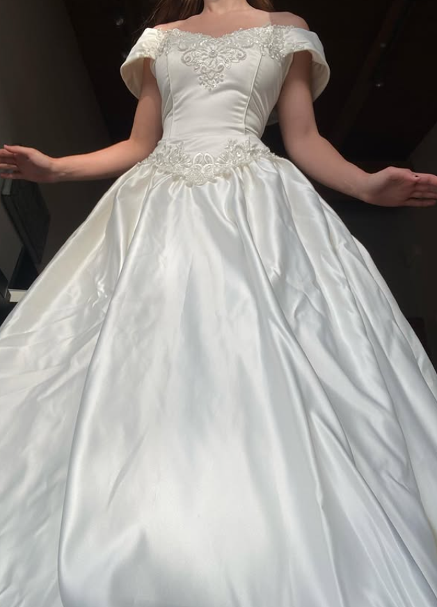 Beautiful A Line Off the Shoulder Ivory Beaded Satin Wedding Dress Prom Dress SH5932