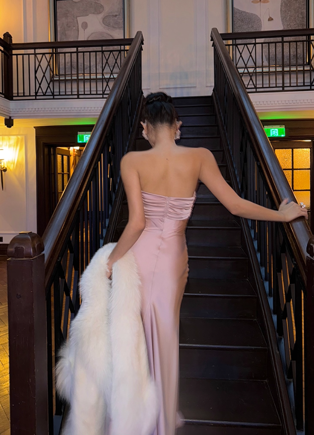 Romantic Mermaid Sweetheart Neck Pink Satin Long Prom Dress Party Dress Date Dresses SH4157