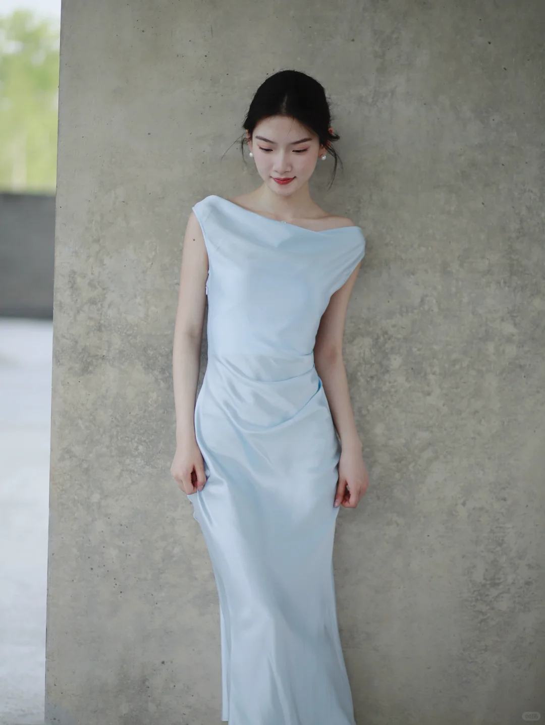 Gentle Baby Blue Sheath Straps Pleated Satin Prom Dress Evening Dress SH4215