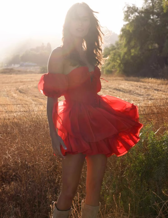 Charming Red A Line Puff Layered Chiffon Short Homecoming Dress Vacation Dress SH4151