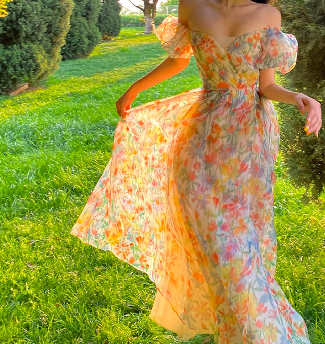 Unique Print Floral A Line Off the Shoulder Chiffon Long Prom Dress Party Dress SH4034