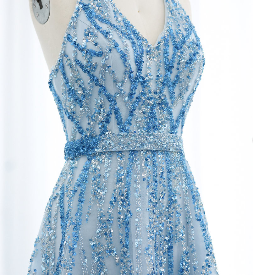 Blue A Line V Neck Sequin Beaded Tulle Long Prom Dress Evening Dress SH2375