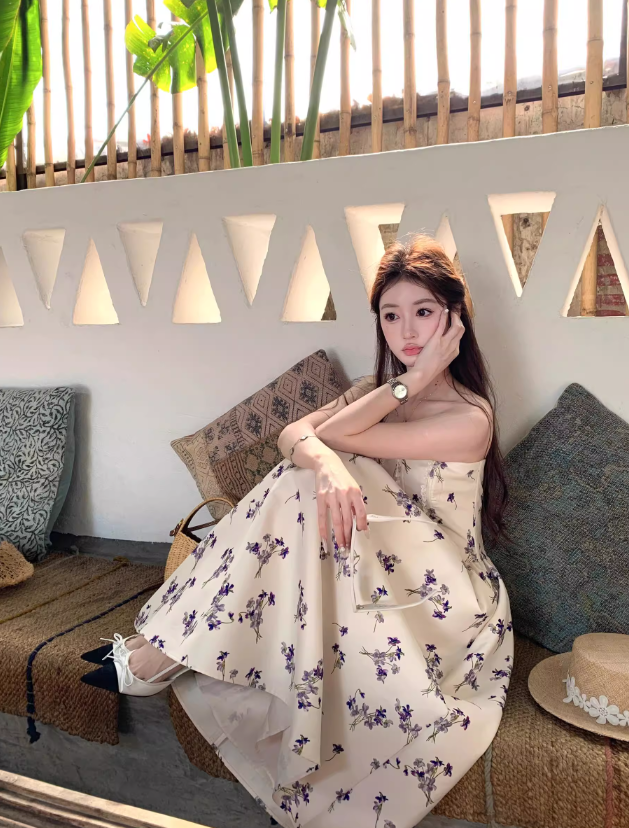 Purple Print Floral A Line Strapless Satin Long Prom Dress Party Dress Birthday Dress SH3756