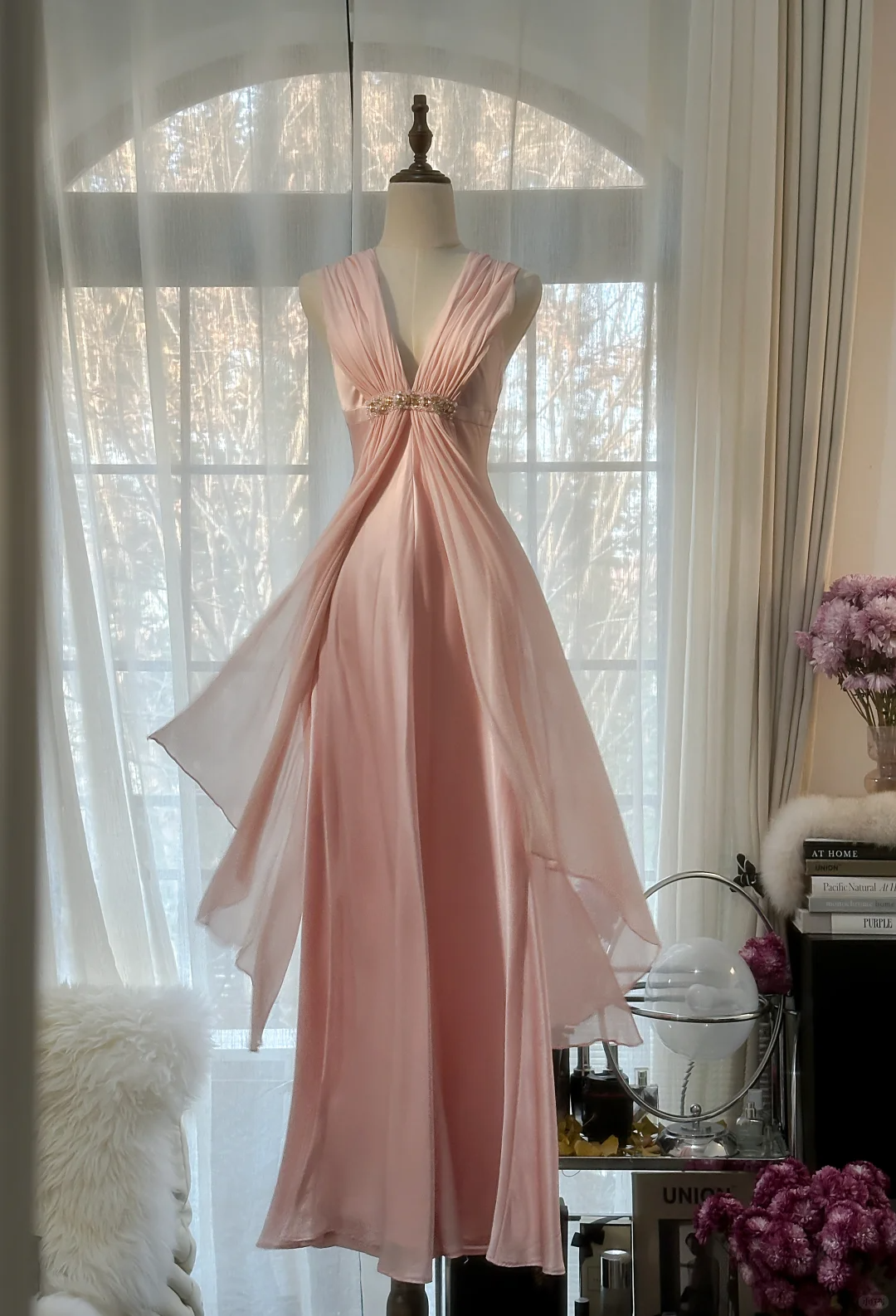 Classy A Line V Neck Beaded Pink Chiffon Satin Long Party Dress Evenin shinydress Classy A Line V Neck Beaded Pink Chiffon Satin Long Party Dress Evenin shinydress