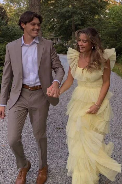 A-Line Square Yellow Tiered Long Prom Dress Princess Tulle Formal Evening Dress SH1049