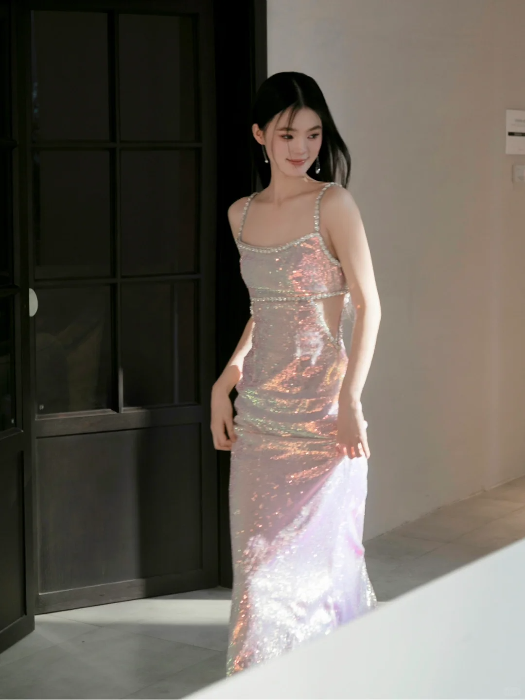 Shiny Pink Sheath Straps Rhinestone Sequin Prom Dress Evening Dress Party Dress SH4220
