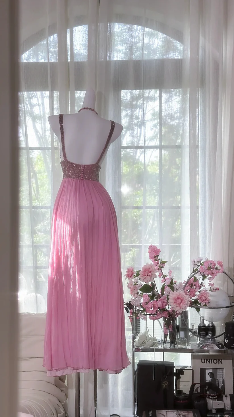 Shiny Pink Beaded Silver Sequin V Neck Chiffon Date Dress Evening Dress Wedding Guest Dress SH3438