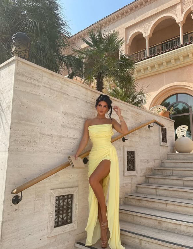 Yellow Sheath Strapless Pleated Chiffon Long Prom Dress Evening Dress with Slit SH4265