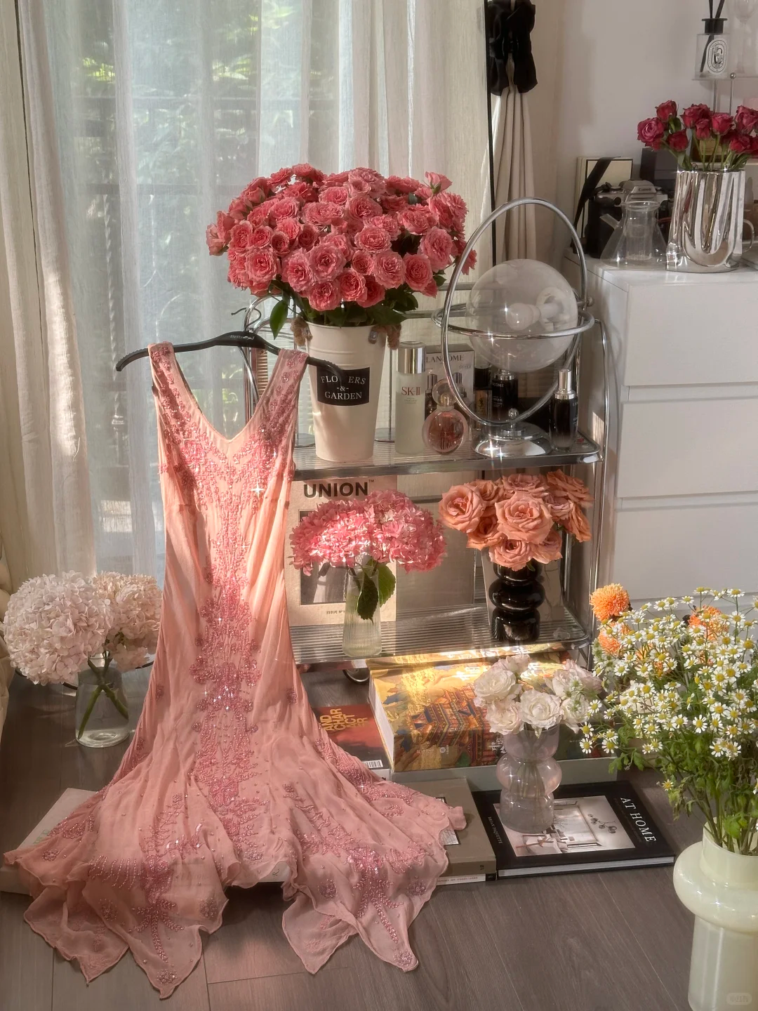 Vintage Romantic Pink Beaded V Neck Chiffon Evening Dress Party Dress SH3471