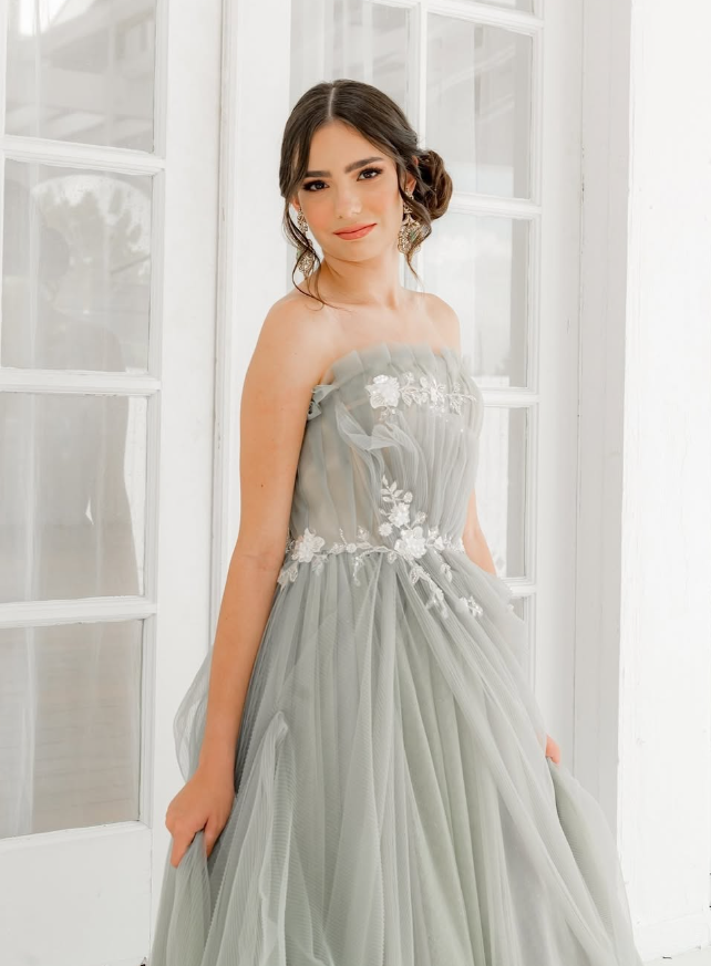 Pretty A Line Strapless Appliques Grey Tulle Long Prom Dress Evening Dress SH2200