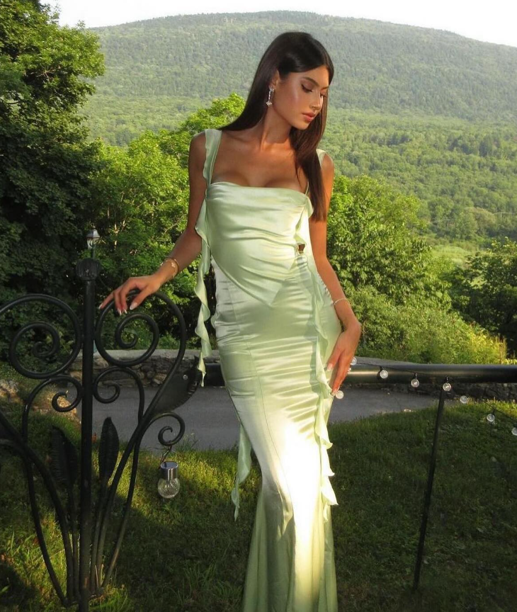 Green Mermaid Ruffle Straps Satin Long Prom Dress Vacation Dress Party Dress SH4007