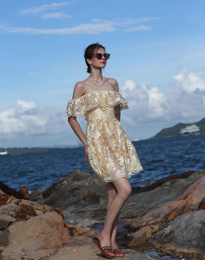 Golden A Line Off the Shoulder Lace Short Homecoming Dress Vacation Dress Outfits SH3996